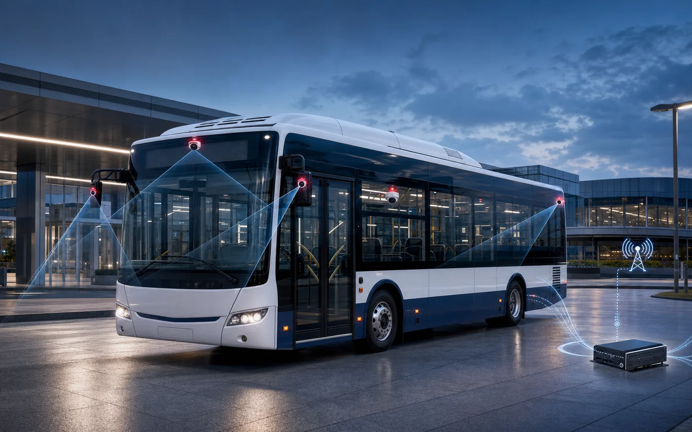 Kamera kapsama alanları, 4G bağlantısı ve mobil kayıt sistemi bulunan modern şehir otobüsü