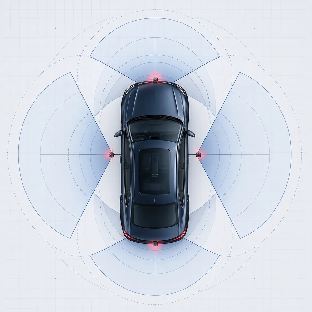 Otomobilin üstten 360 derece çevre görüş kamera ve radar alanları